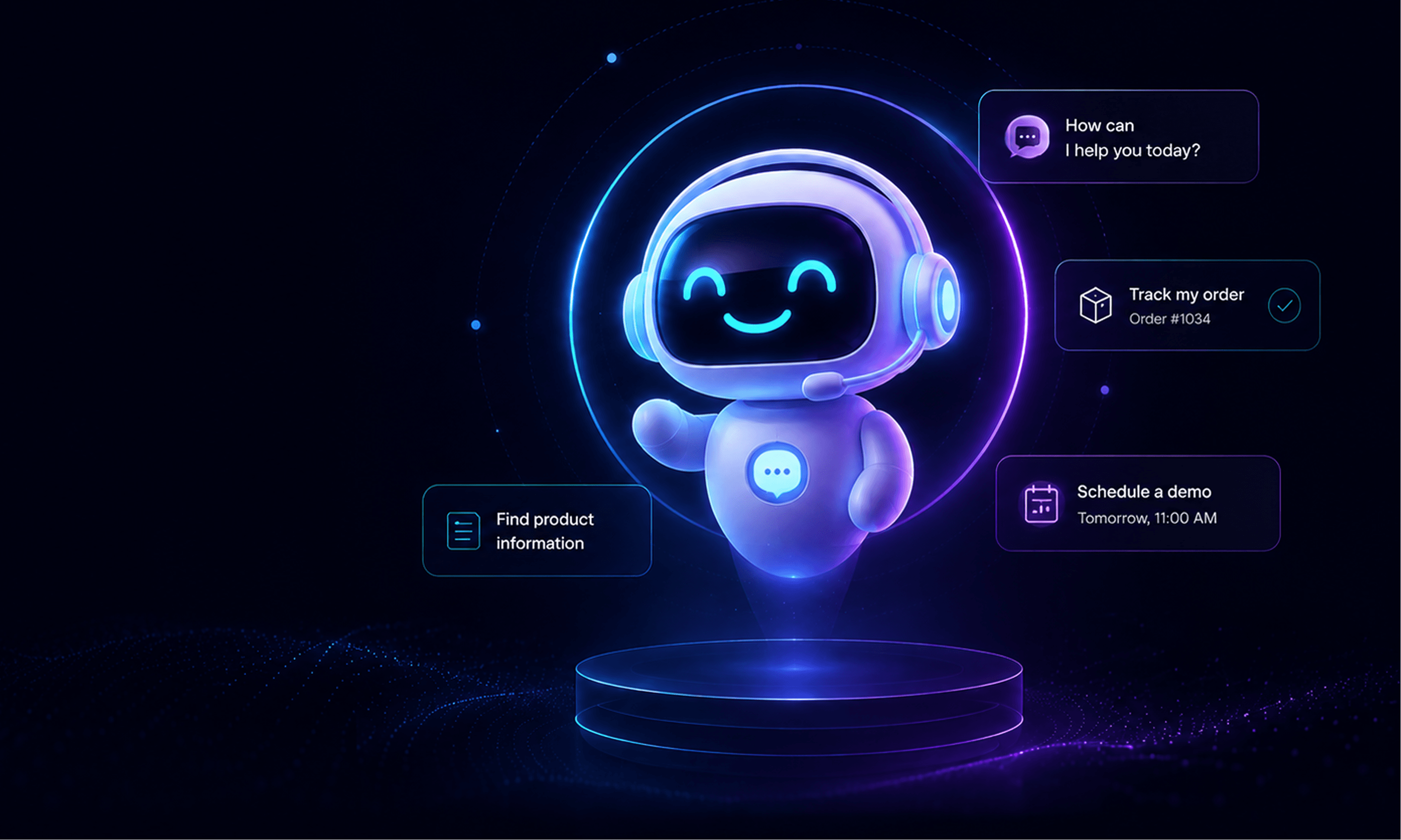 A virtual assistant answering questions, tracking orders and scheduling demos