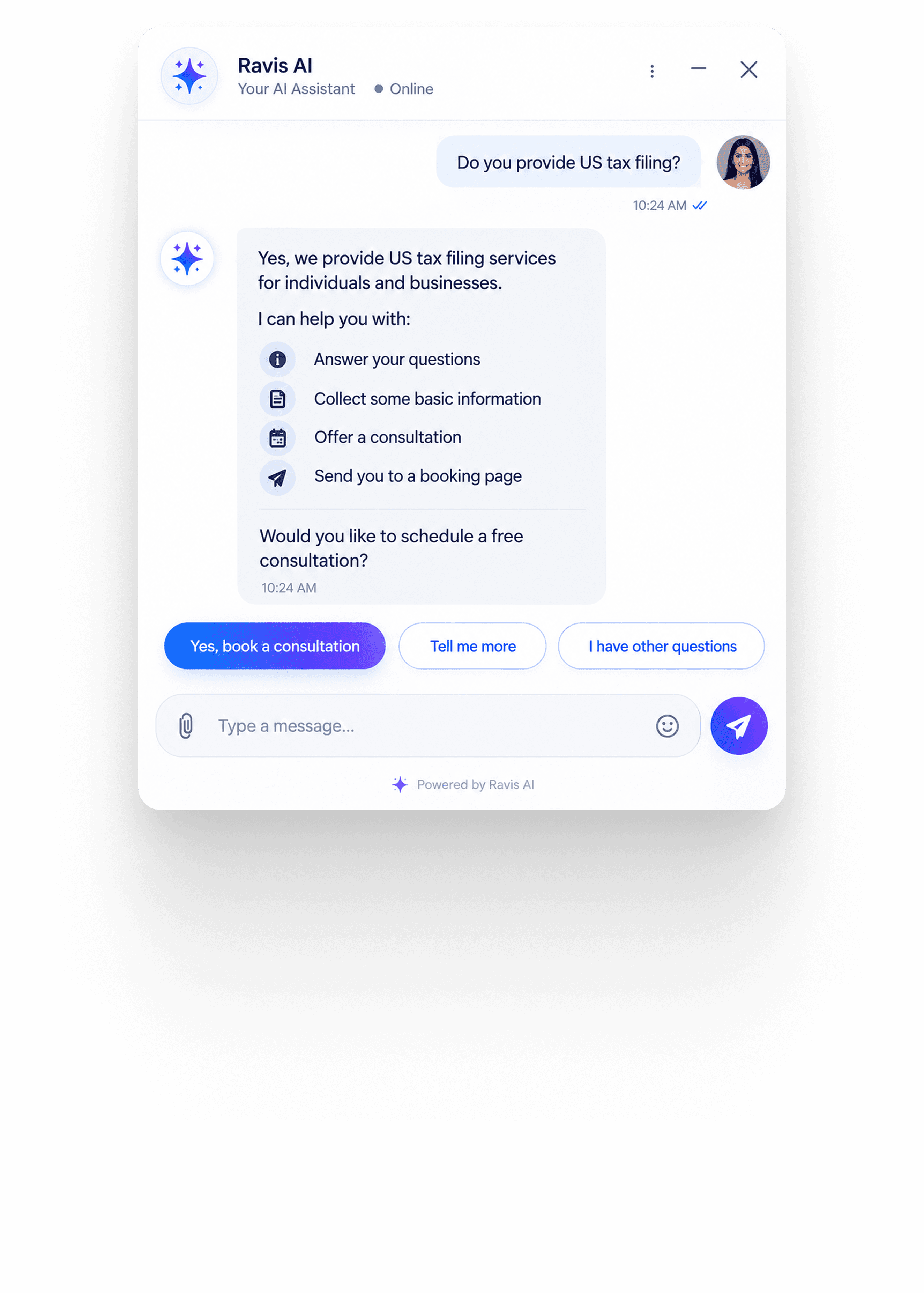 AI chatbot answering a customer question and offering a consultation
